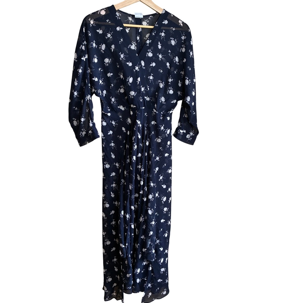 Cabi 5575 Floral Midi Dress 6 Navy Womens Sheer Chiffon V-Neck high low sheer